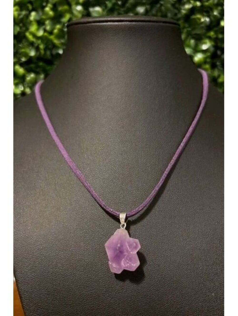Raw Amethyst Crystal Cluster Necklace Purple Suede Cord Adjustable